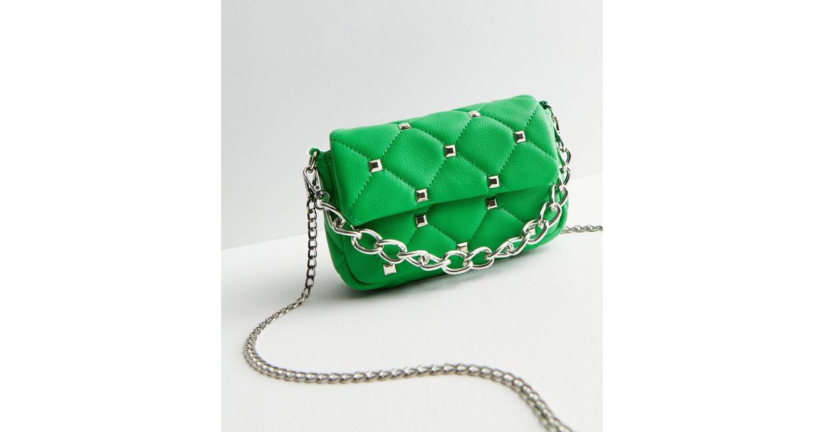 Public Desire Green LeatherLook Quilted Stud Cross Body Bag New Look