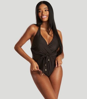 South Beach Dark Brown Plunge Wrap Swimsuit New Look