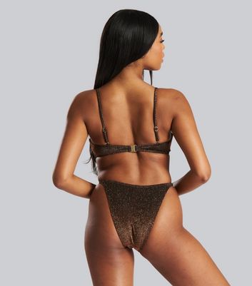South Beach Dark Brown Glitter Crop Bikini Set New Look