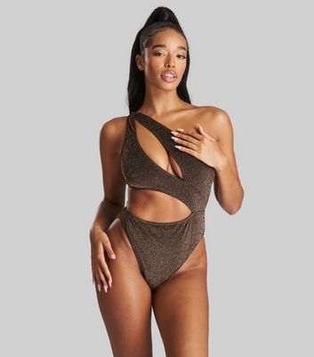 South Beach Dark Brown Metallic Asymmetric Cut Out Swimsuit New Look