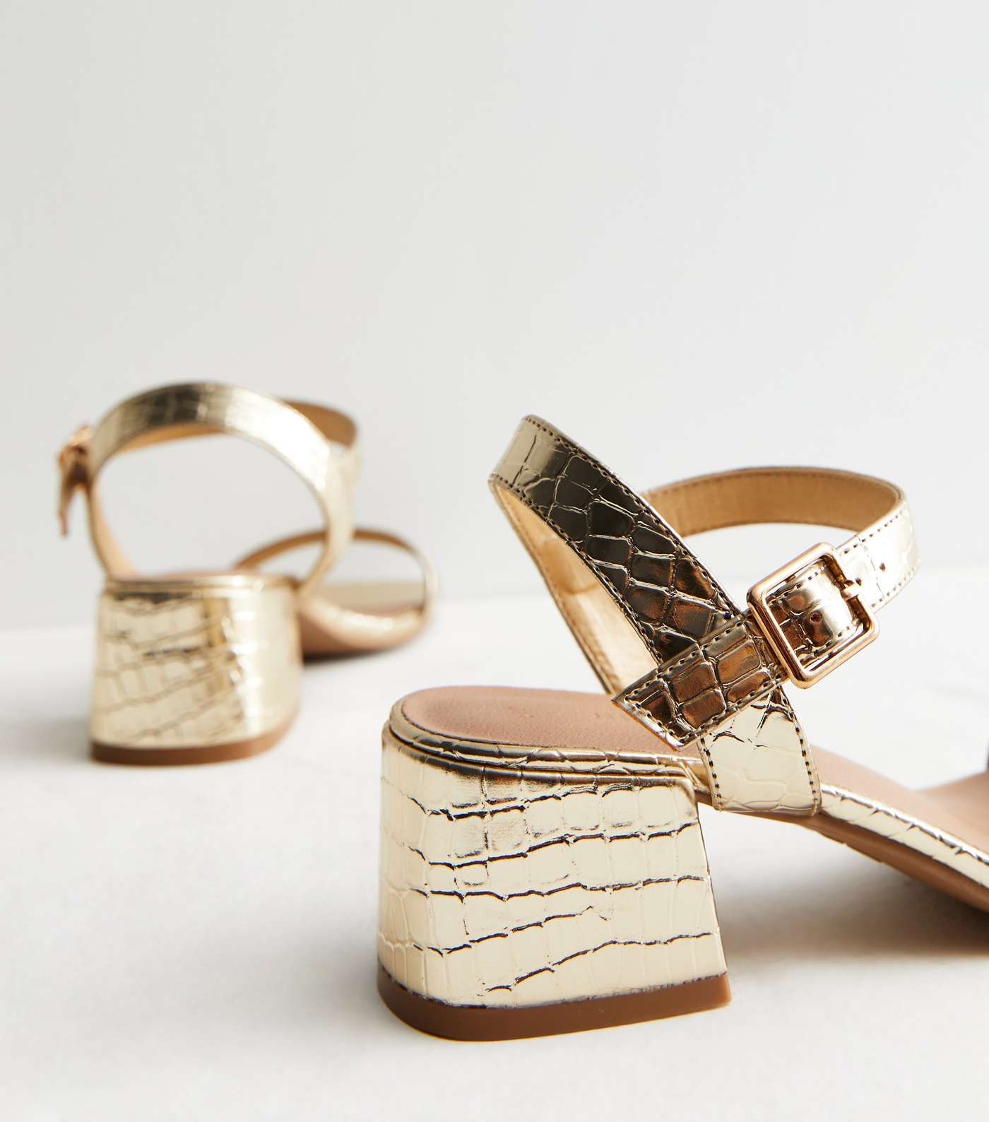 Gold Faux Croc Mid Block Heel Sandals Image 4