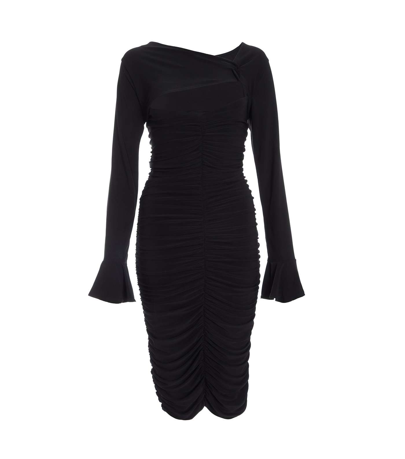 QUIZ Black Long Flared Sleeve Ruched Twist Front Midi Bodycon Dress Image 4