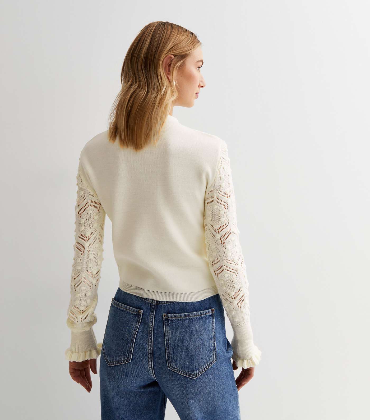Off White Knit Long Crochet Sleeve Top Image 4