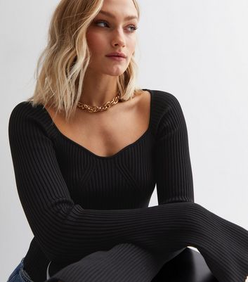 Black Ribbed Knit Flared Sleeve Corset Top | New Look