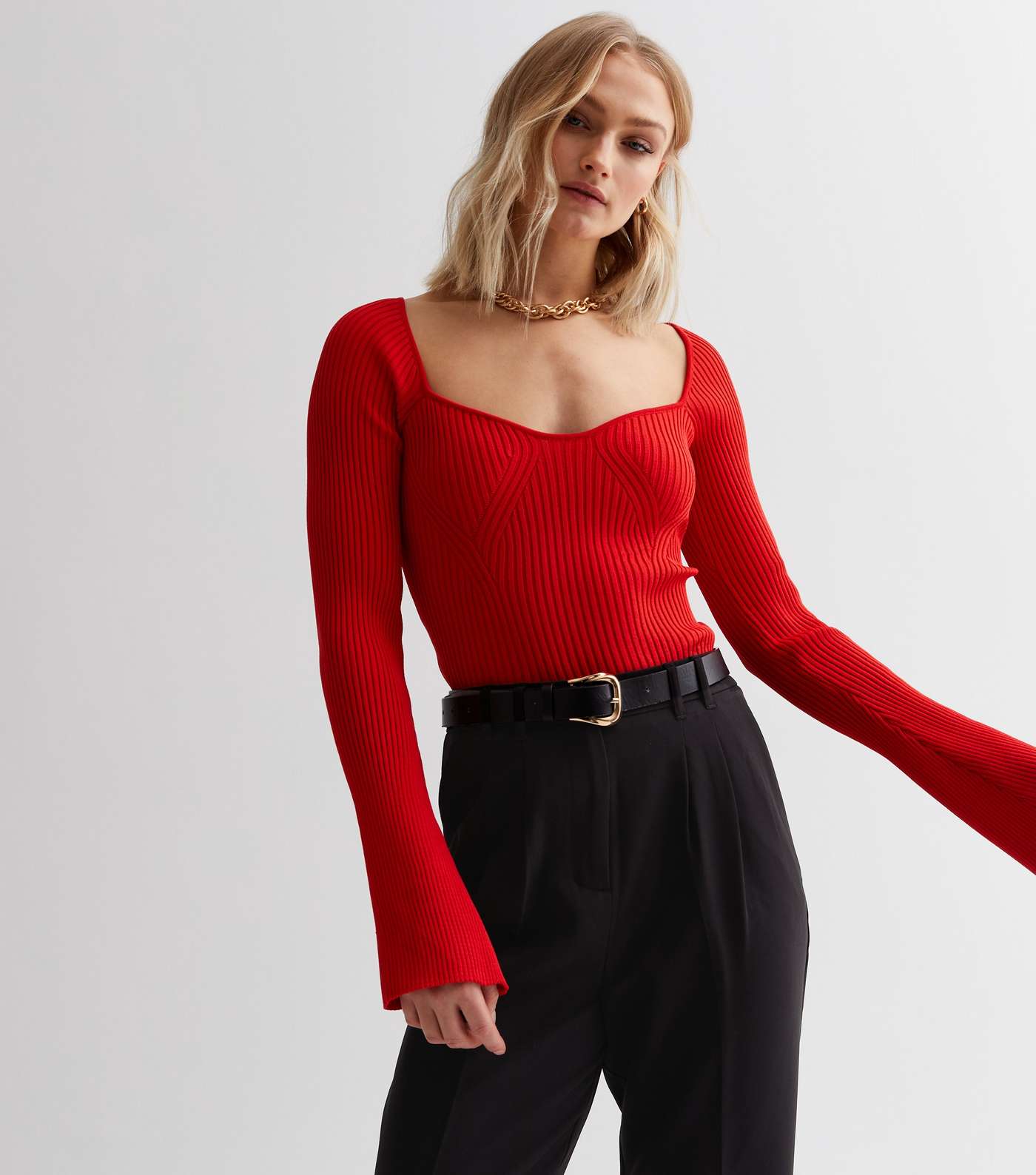 Red Ribbed Knit Long Flared Sleeve Corset Top Image 2