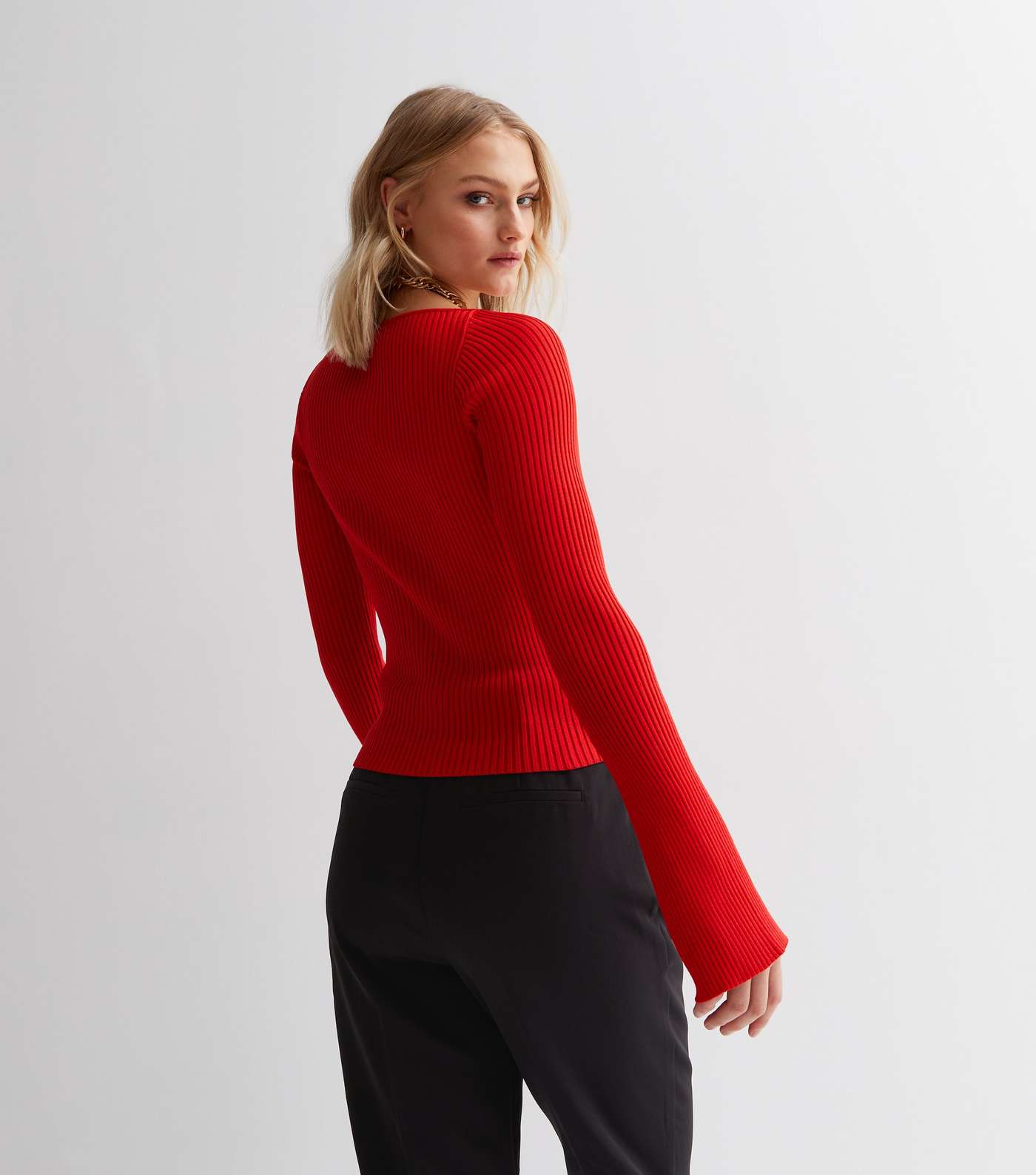 Red Ribbed Knit Long Flared Sleeve Corset Top Image 4