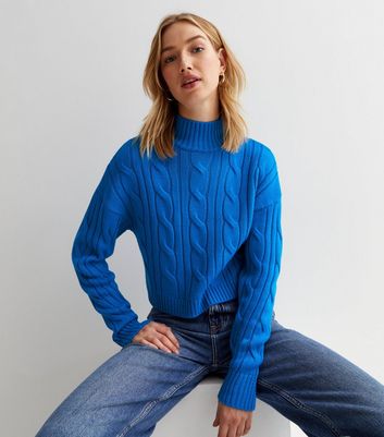 Bright Blue Cable Knit Crop Jumper | New Look