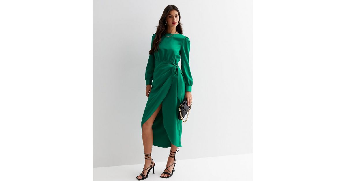 cameo green dress Cameo Rose Dark Green Satin Long Puff Sleeve Midi Wrap Dress