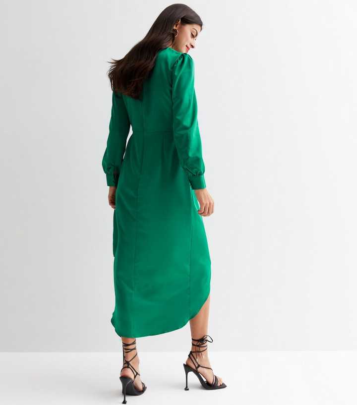 Cameo Rose Dark Green Satin Long Puff Sleeve Midi Wrap Dress