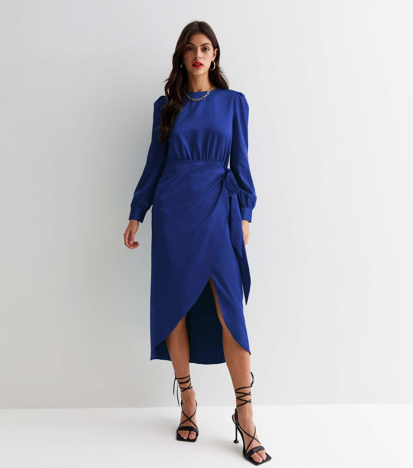 Cameo Rose Bright Blue Satin Round Neck Long Sleeve Split Hem Midi Dress Image 2