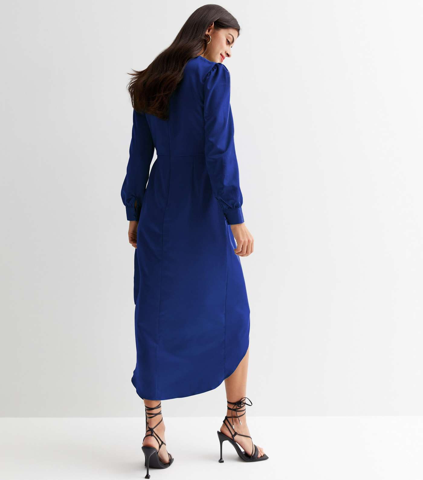 Cameo Rose Bright Blue Satin Round Neck Long Sleeve Split Hem Midi Dress Image 4