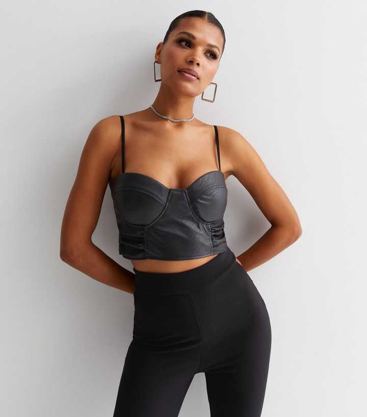 Cameo Rose Black Leather-Look Strappy Corset Top