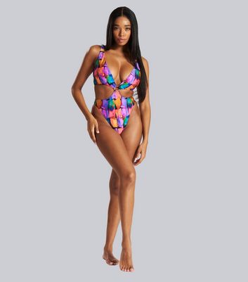 South Beach Multicoloured Abstract Cut Out Swimsuit New Look