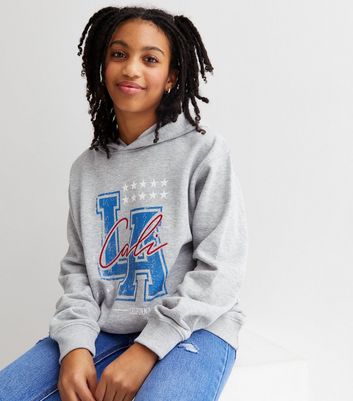 Girls Grey Cali Logo Jersey Long Hoodie New Look