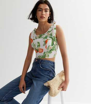 White Floral Orange Print Tie Strap Crop Top