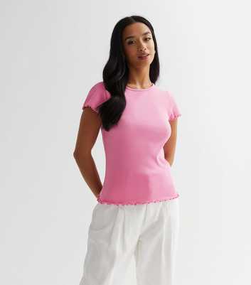 Petite Mid Pink Ribbed Frill T-Shirt