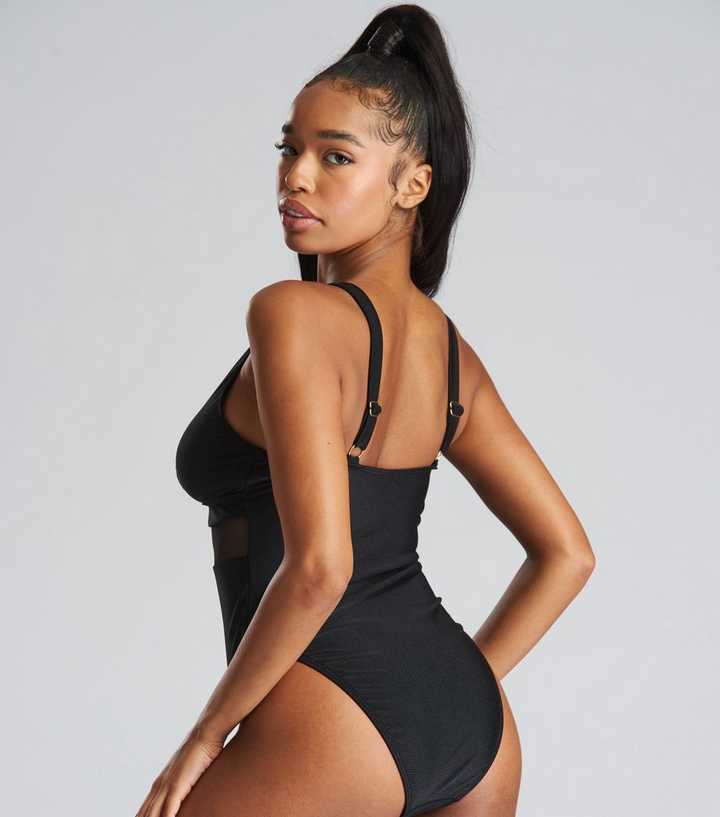 Black Mesh Plunge Swimsuit by South Beach