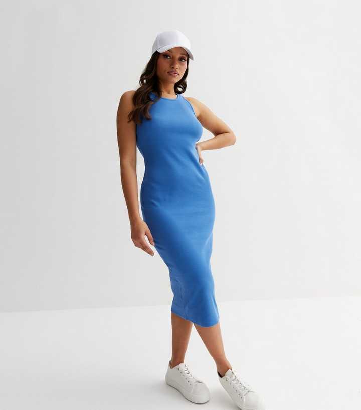 Petite Blue Ribbed Racer Midi Dress