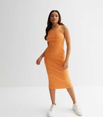 Petite Orange Ribbed Racer Midi Dress