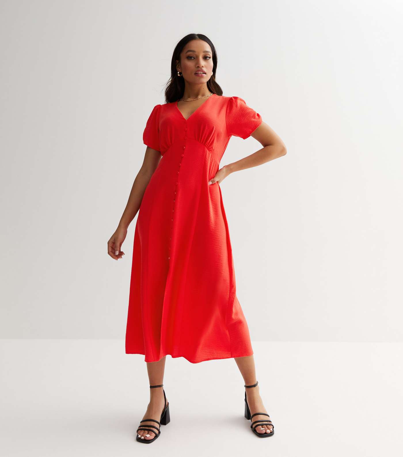 Petite Red Button Front Midi Dress Image 2