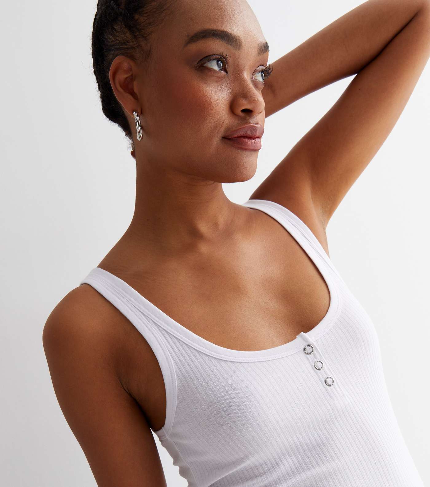 Tall White Ribbed Popper Front Crop Vest