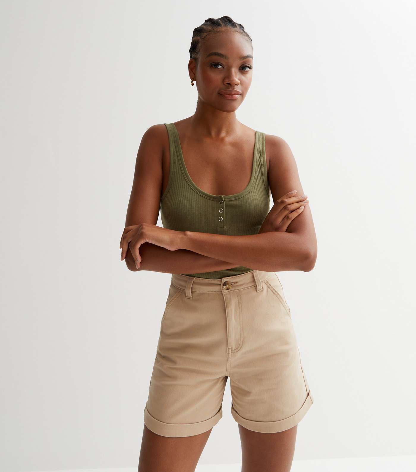 Tall Khaki Ribbed Popper Front Crop Vest Image 3
