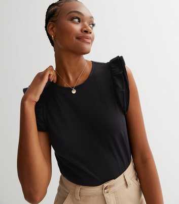 Tall Black Round Neck Frill Sleeve Top