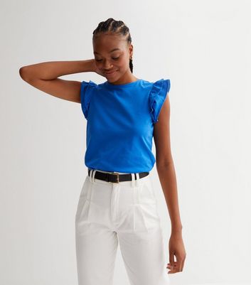 Blue Round Neck Frill Sleeve Top