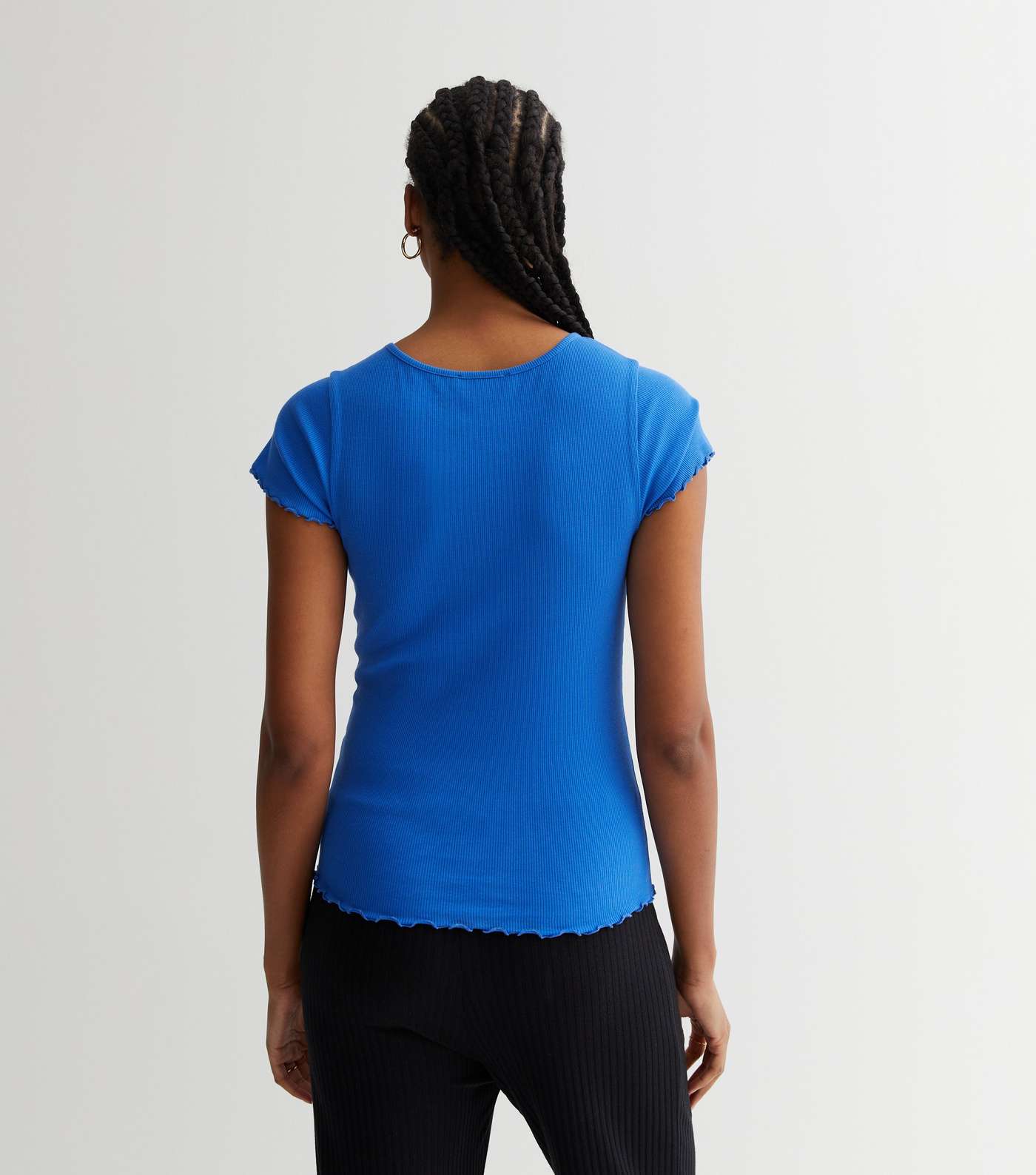 Tall Blue Ribbed Frill Hem T-Shirt Image 4