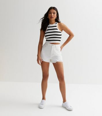 Petite White Denim Extreme Ripped Mom Shorts New Look