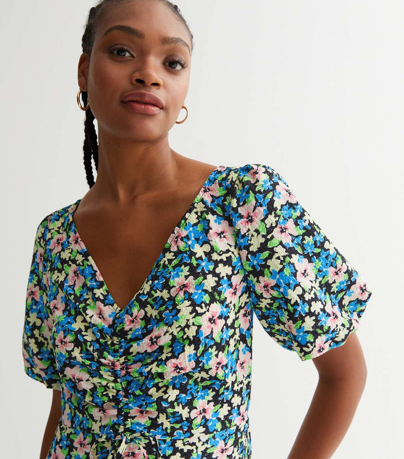 Tall Blue Floral Ruched Tie Front Puff Sleeve Midi Dress Image 2