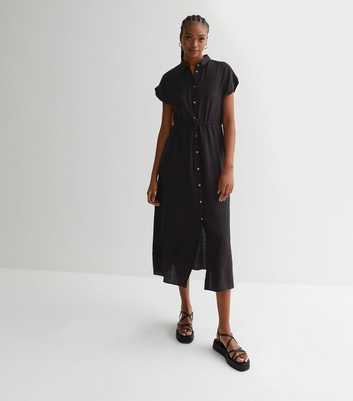Tall Black Drawstring Button Front Midi Shirt Dress