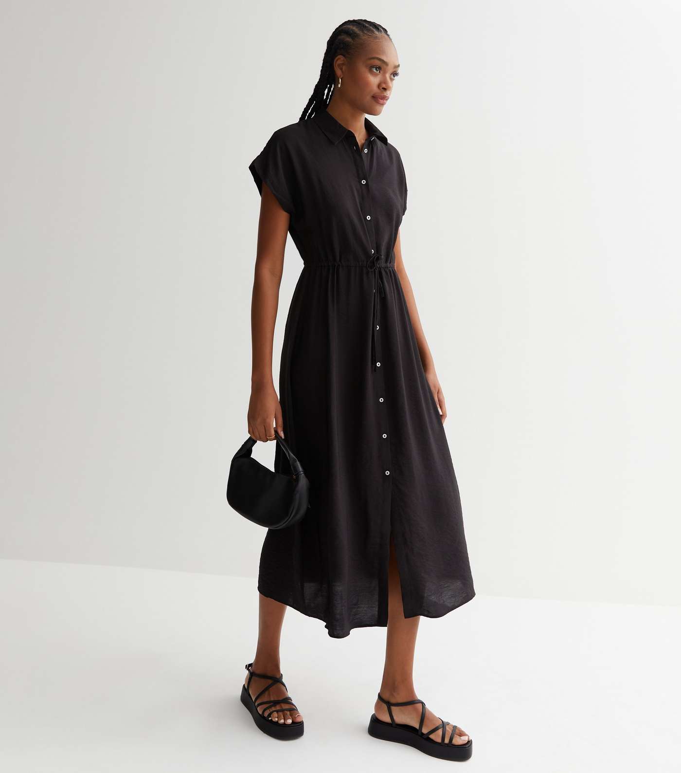 Tall Black Drawstring Button Front Midi Shirt Dress Image 3
