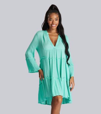 South Beach Mint Green Crinkle Tiered Mini Dress New Look