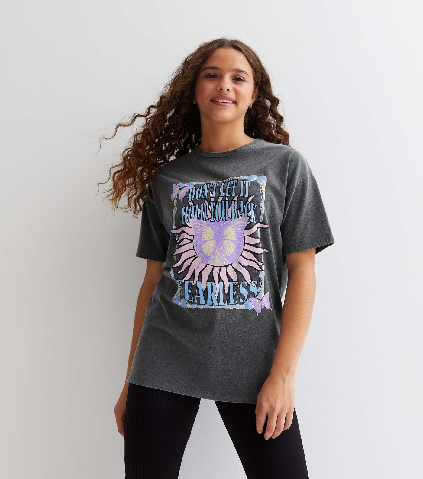 Girls Dark Grey Acid Wash Fearless Logo Oversized T-Shirt Image 2