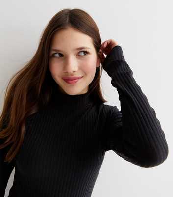 Girls Black Ribbed High Neck Long Sleeve Bodysuit