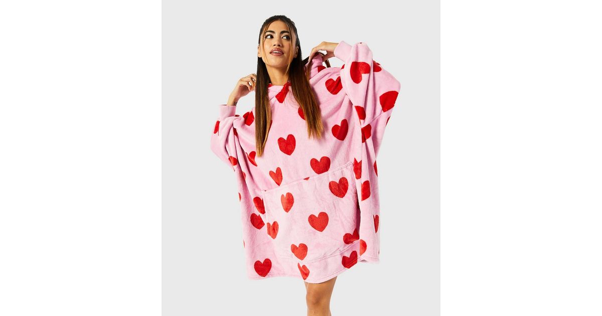 Skinnydip Pink Heart Fleece Oversized Blanket Hoodie New Look