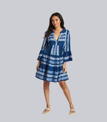 South Beach Blue Geometric Jacquard Mini Beach Dress New Look