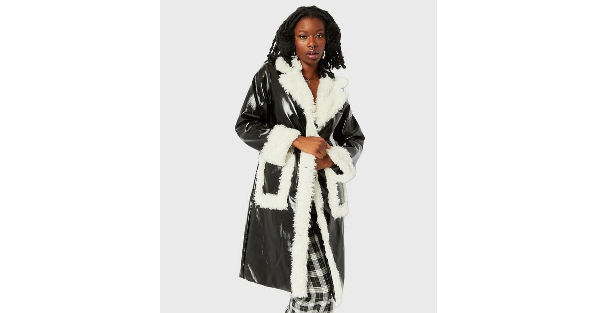 Skinnydip Black Patent LeatherLook Faux Fur Trim Long Coat New Look