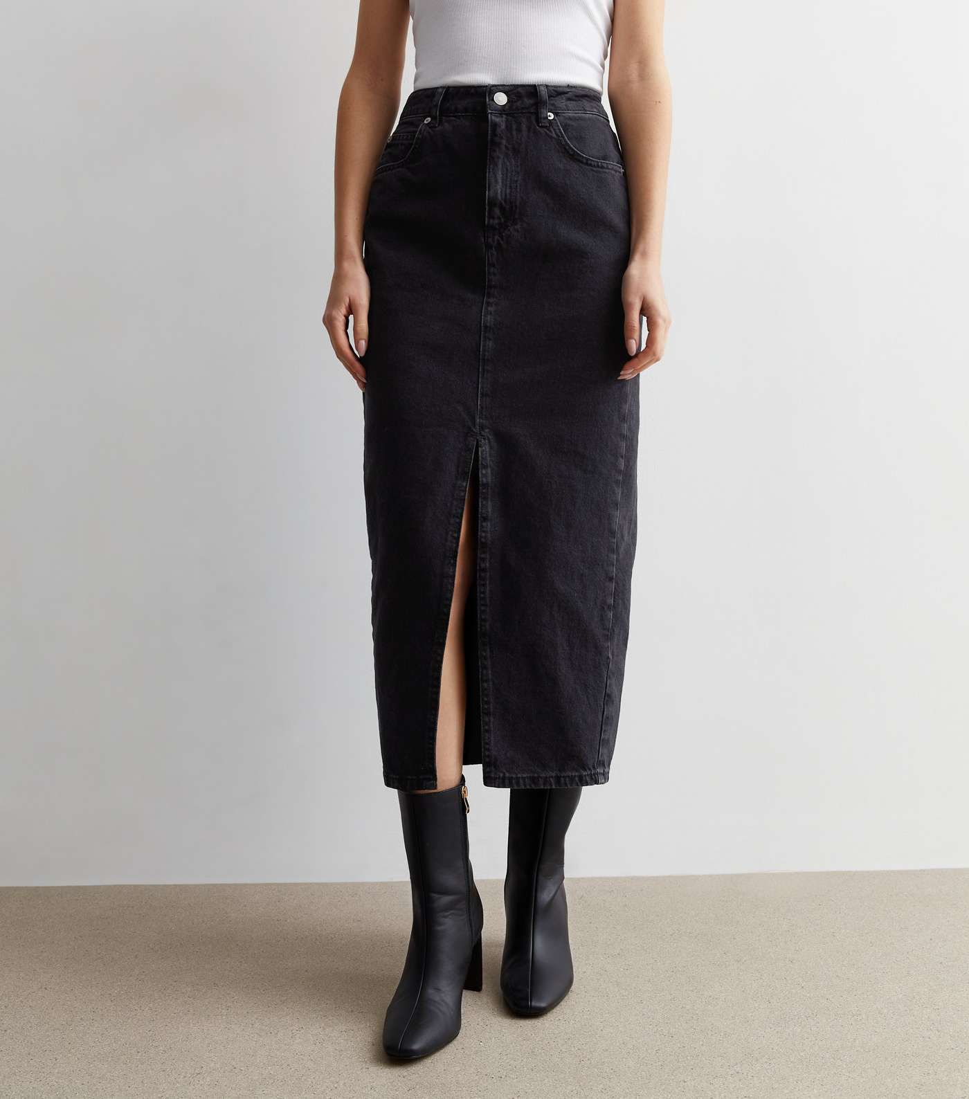 Black Denim Split Hem Maxi Skirt Image 2