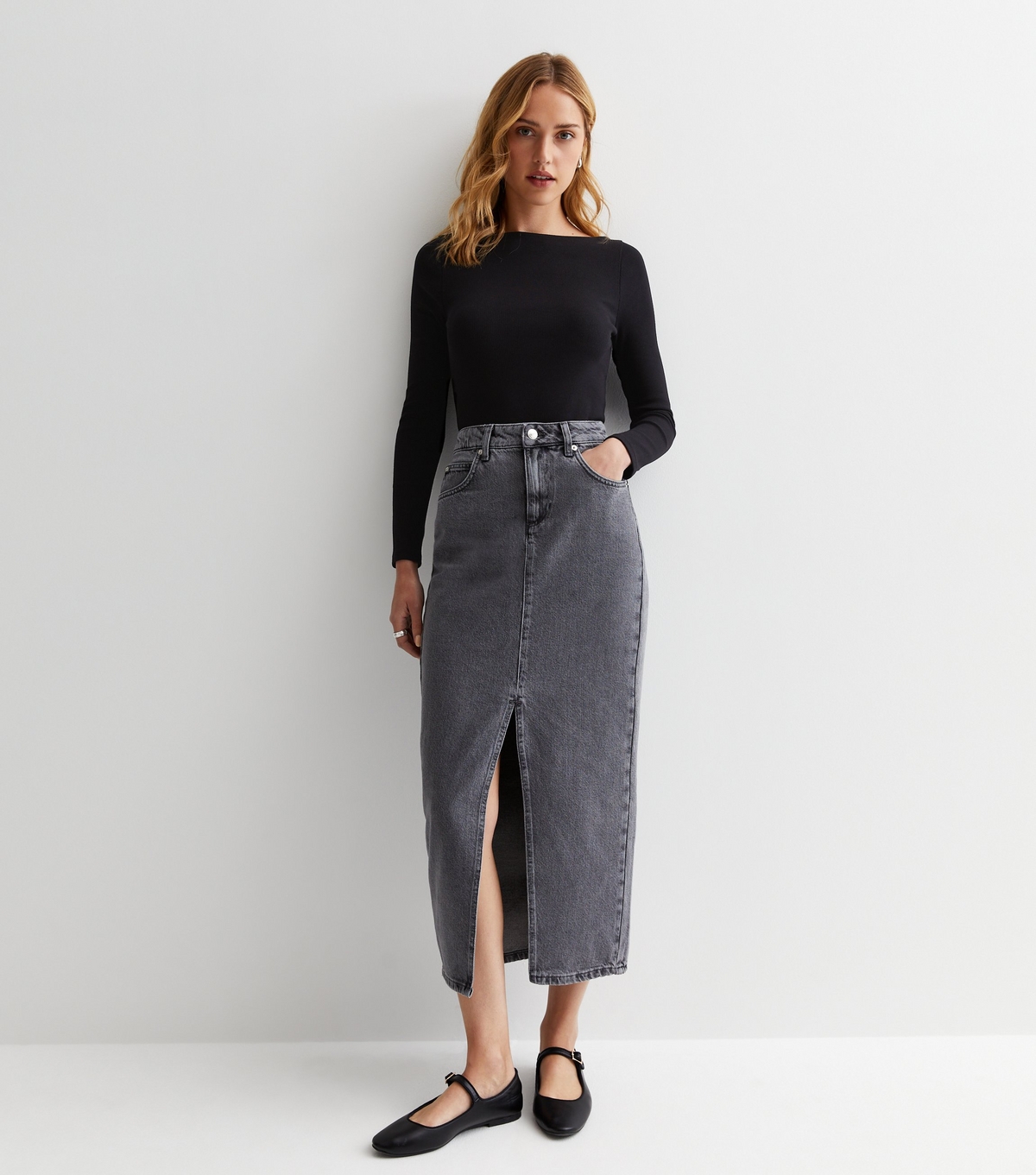 Women's Pale Grey Denim Split Hem Maxi Skirt New Look