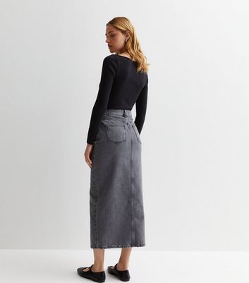 Grey denim midi outlet skirt