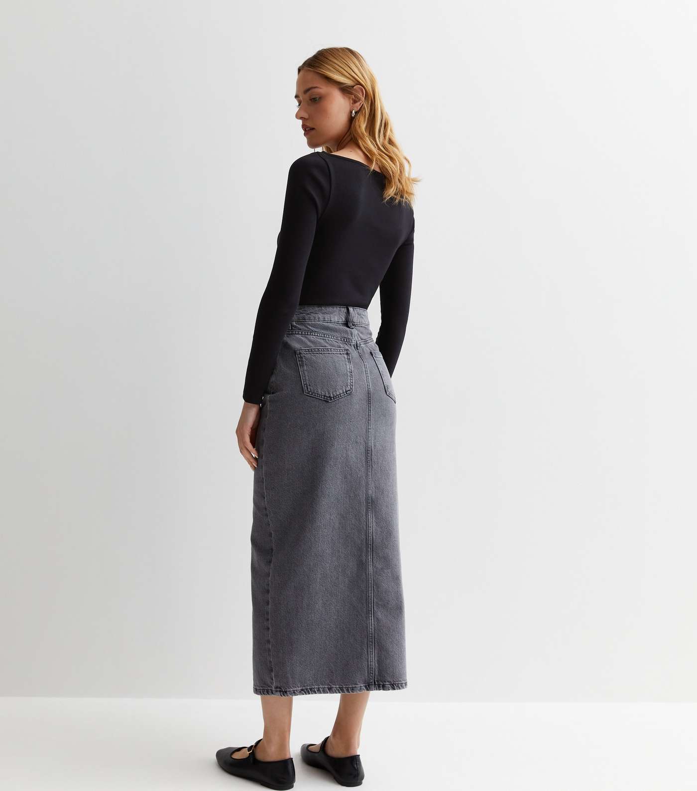 Pale Grey Denim Split Hem Maxi Skirt Image 4