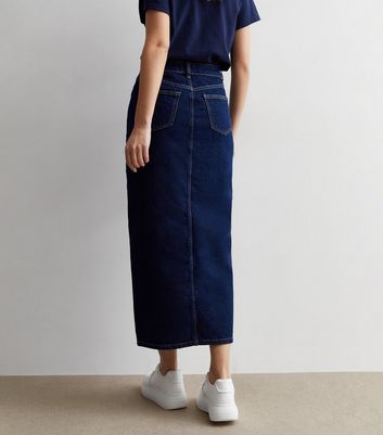 Navy Split Hem Denim Midi Skirt New Look