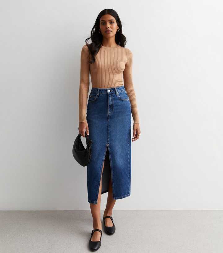 Mid Blue Denim Split Hem Maxi Skirt