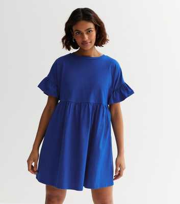 Petite Bright Blue Jersey Crew Neck Frill Mini Smock Dress