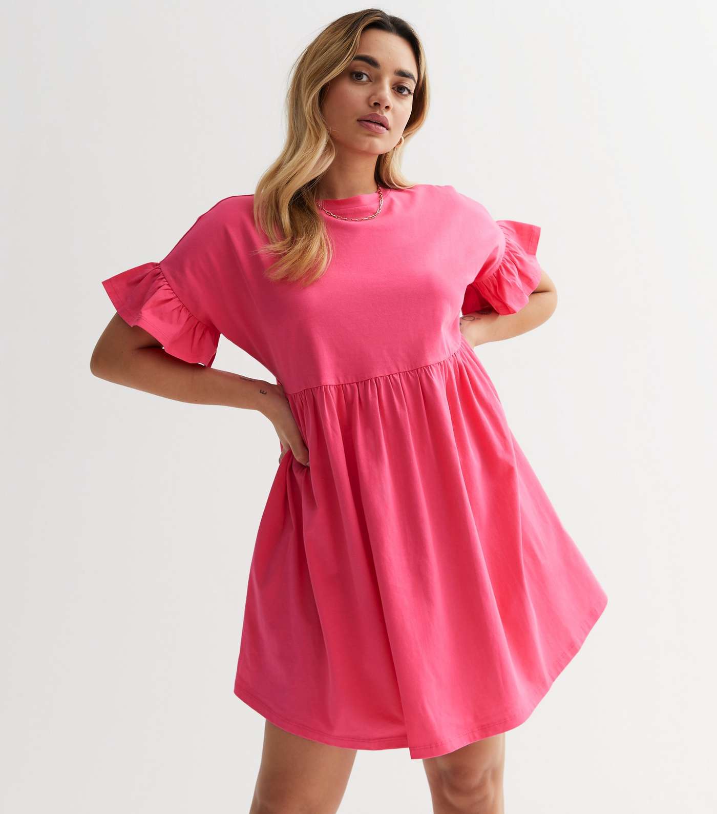 Petite Pink Jersey Frill Mini Smock Dress