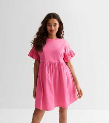 Petite Pink Jersey Frill Mini Smock Dress