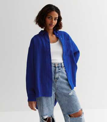 Petite Blue Cheesecloth Long Sleeve Oversized Shirt