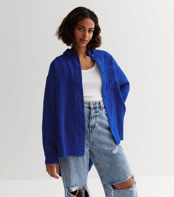 Petite Blue Cheesecloth Long Sleeve Oversized Shirt | New Look